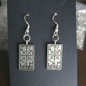 Silver Rectangular Earrings with World Design